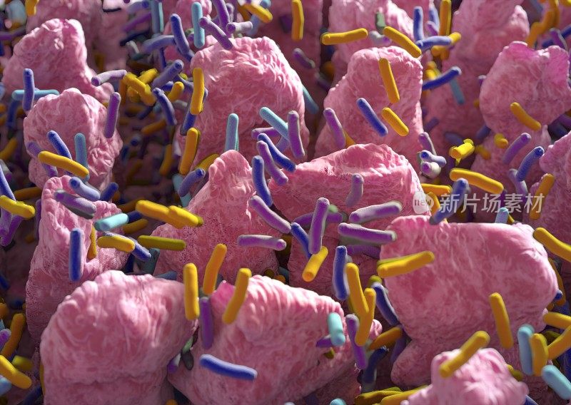 肠道绒毛。伸入小肠管腔的指状突起肠道细菌，菌群，微生物群。3 d演示。